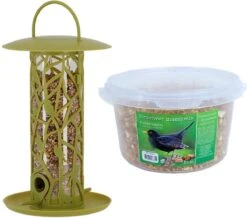 ESSCHERT DESIGN Silo De Nourrissage D' Vogel Avec Perchoirs Et Plateau En Plastique Vert 27 Cm Comprenant Un Mélange De Muesli 4 Saisons Pour Oiseaux - Station De Nourrissage D' Vogel