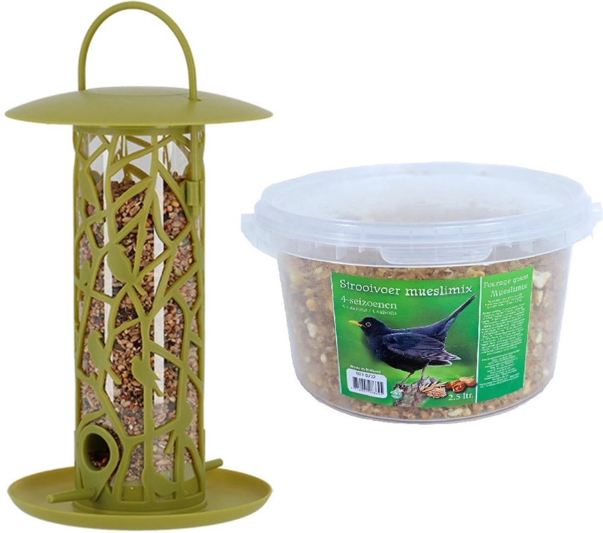 ESSCHERT DESIGN Silo De Nourrissage D' Vogel Avec Perchoirs Et Plateau En Plastique Vert 27 Cm Comprenant Un Mélange De Muesli 4 Saisons Pour Oiseaux - Station De Nourrissage D' Vogel