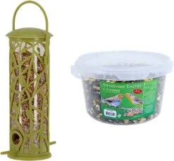 ESSCHERT DESIGN Silo D'alimentation Vogel Avec Perchoirs En Plastique Vert 27 Cm Comprenant De La Nourriture Vogel énergétique 4 Saisons - Mangeoire Pour Oiseaux
