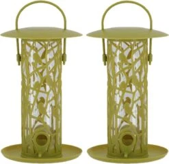 ESSCHERT DESIGN 2x Mangeoire à Oiseaux Silo Avec Perchoirs Et Plateau En Plastique Vert 27 Cm - Mangeoire à Oiseaux - Nourriture Pour Oiseaux Vogel - Station D'alimentation Pour Oiseaux