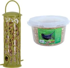 ESSCHERT DESIGN Silo D'alimentation Vogel Avec Perchoirs En Plastique Vert 27 Cm Comprenant Un Mélange De Muesli 4 Saisons Pour Oiseaux - Station D'alimentation Vogel