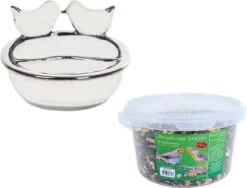 ESSCHERT DESIGN Mangeoire à Oiseaux Et Abreuvoir En Céramique Blanche 21 Cm Comprenant De La Nourriture Pour Oiseaux énergétique 4 Saisons - Station D'alimentation Vogel - Mangeoire Pour Oiseaux