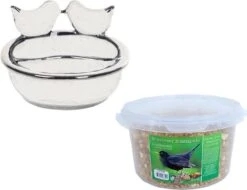 ESSCHERT DESIGN Mangeoire à Oiseaux Et Abreuvoir En Céramique Blanche 21 Cm Avec Mélange De Muesli 4 Saisons Nourriture Vogel - Station D'alimentation Pour Oiseaux