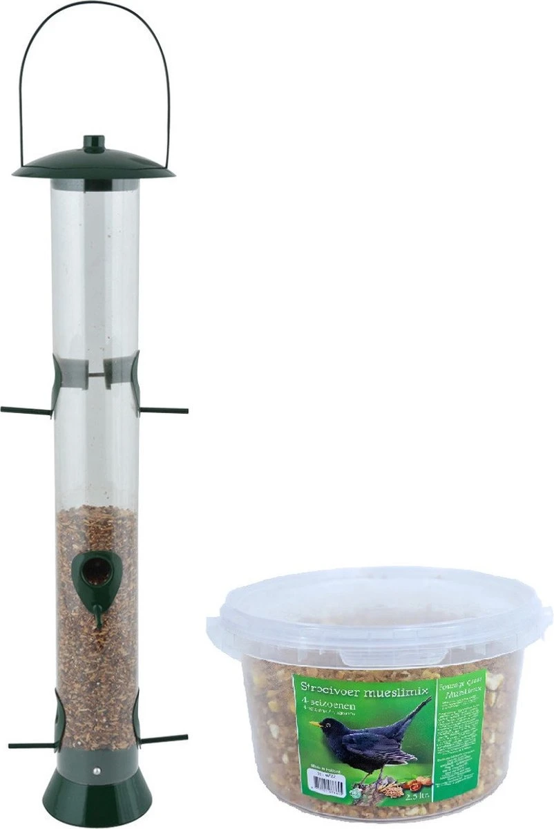 ESSCHERT DESIGN Grande Mangeoire à Oiseaux En Plastique 56 Cm Avec Mélange De Muesli 4 Saisons Pour Oiseaux - Station D'alimentation Vogel - Mangeoire Pour Oiseaux