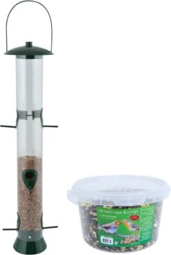 ESSCHERT DESIGN Grande Mangeoire à Oiseaux En Plastique 56 Cm Comprenant De La Nourriture Pour Oiseaux énergétique 4 Saisons - Station D'alimentation Vogel - Mangeoire Pour Oiseaux