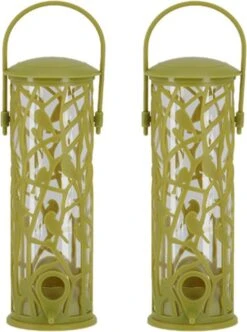 ESSCHERT DESIGN 2x Mangeoire à Oiseaux Silo Avec Perchoirs En Plastique Vert 27 Cm - Mangeoire à Nourriture Pour Oiseaux Vogel - Station D'alimentation Pour Oiseaux