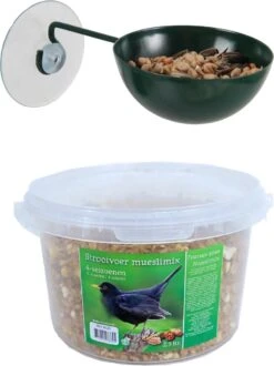 ESSCHERT DESIGN Mangeoire De FenĂȘtre Pour Nourriture Pour Oiseaux 12 Cm Vert FoncĂ© Avec MĂ©lange De Muesli 4 Saisons Nourriture Vogel - Station D'alimentation Pour Oiseaux - Mangeoire Pour Oiseaux