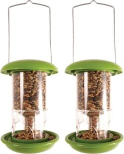 ESSCHERT DESIGN 2x Pièces Mangeoire à Oiseaux Silo Plastique Vert 17 Cm - Mangeoire à Nourriture Pour Oiseaux Vogel - Station D'alimentation Pour Oiseaux